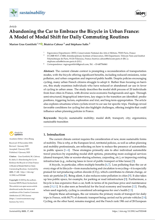 Lire la suite à propos de l’article Abandoning the Car to Embrace the Bicycle in Urban France: A Model of Modal Shift for Daily Commuting Routines. Sustainability