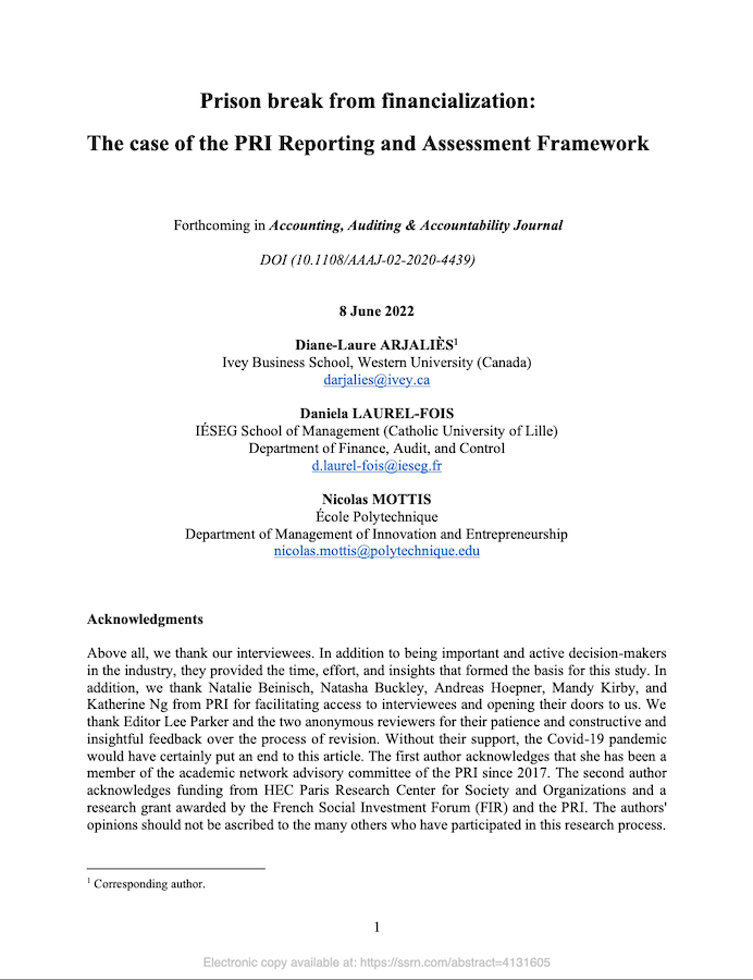 Lire la suite à propos de l’article Prison Break From Financialization: The Case of the PRI Reporting and Assessment Framework